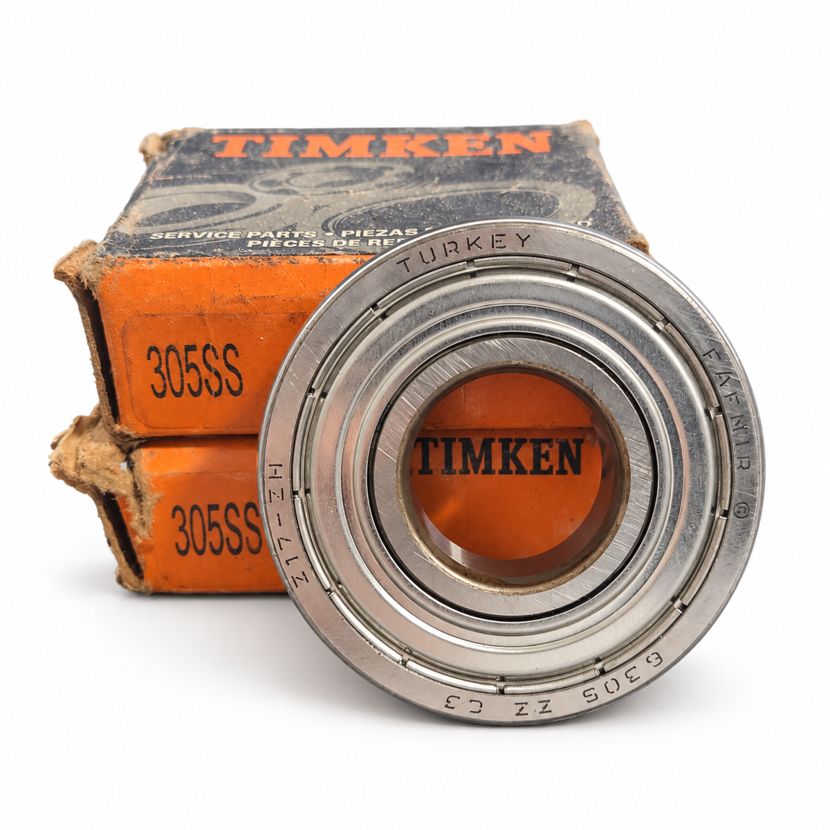Timken 305SS NOS bearing marked Turkey with original boxes on white background