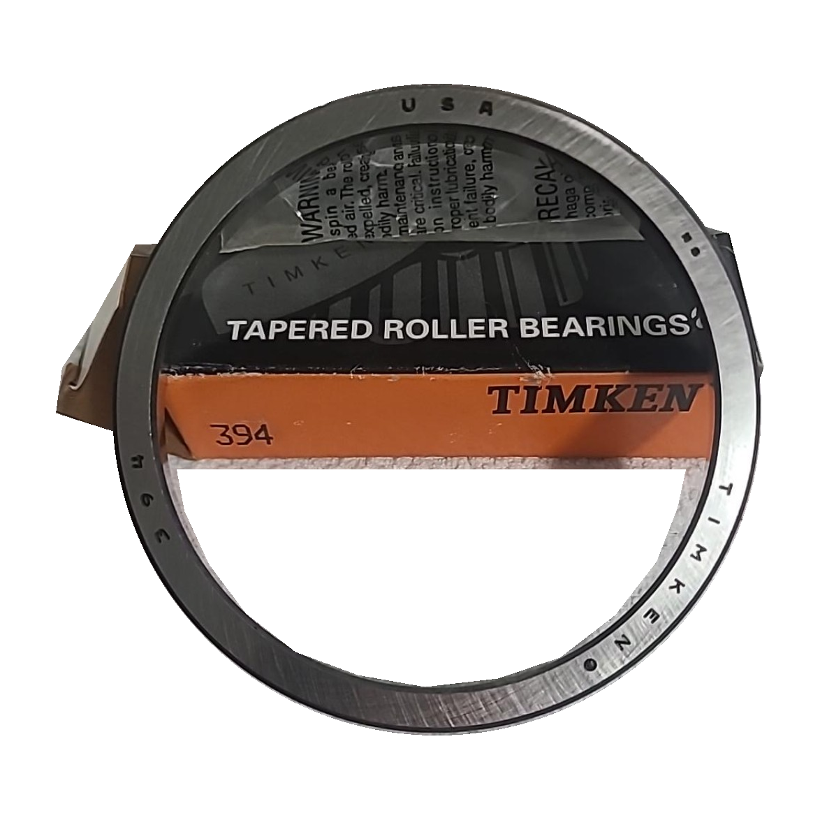 Actual USA-made Timken 394 tapered roller bearing cup and original box on white background